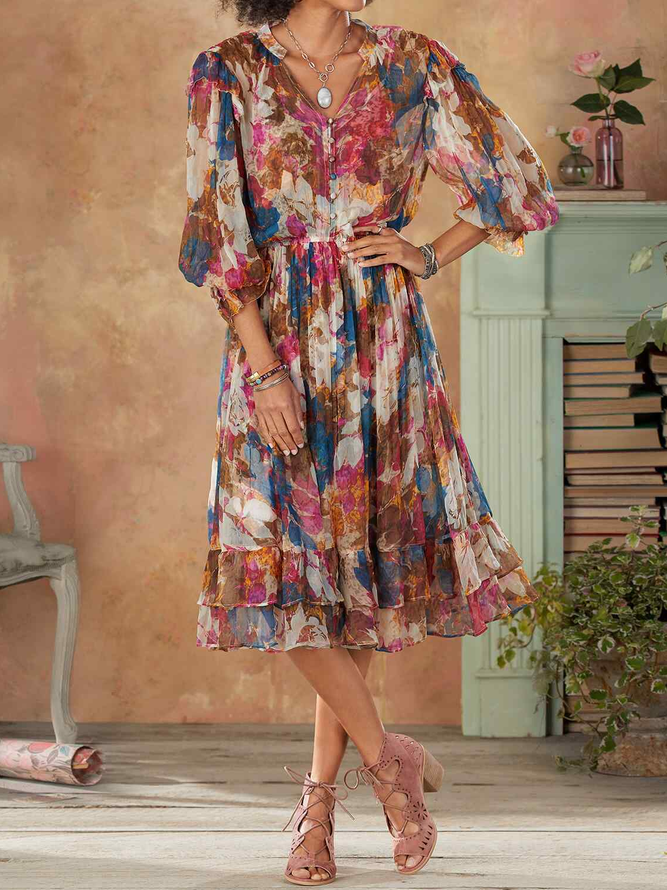 Lightweight Half Sleeve Vintage Floral Casual Loose Dress