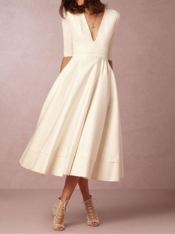 Women Deep V Neck 3/4 Sleeve Paneled Solid Elegant Swing Prom Dress