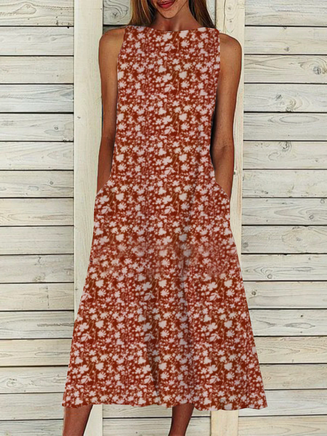 Ditsy Floral Boatneck Sleeveless Casual Midi Dresses
