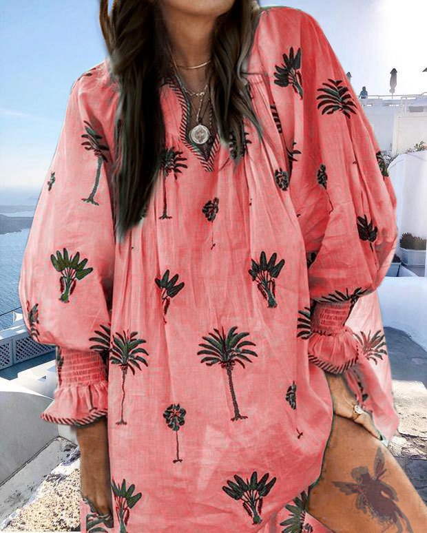 Women Casual Sundress Sexy V-neck Lantern Sleeve Floral Print Elegant Loose Bohemian Beach Dress