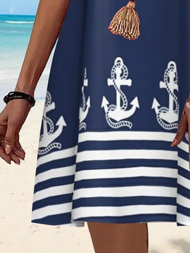V Neck Stripe Geometric Beach Vacation Anchor Casual Mini Dress