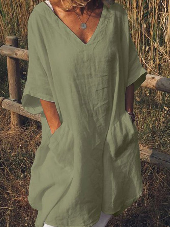 Plus Size Casual V Neck Half Sleeve Pockets Dresses