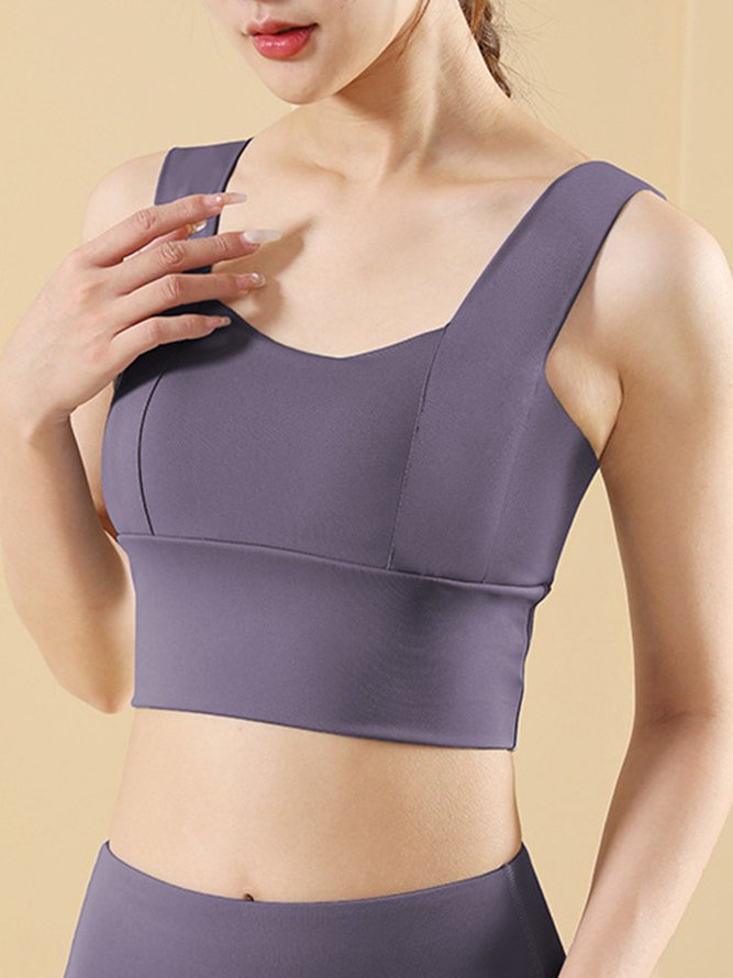 Wide Shoulder Straps Push Up Neck Long Hem Sports Bra