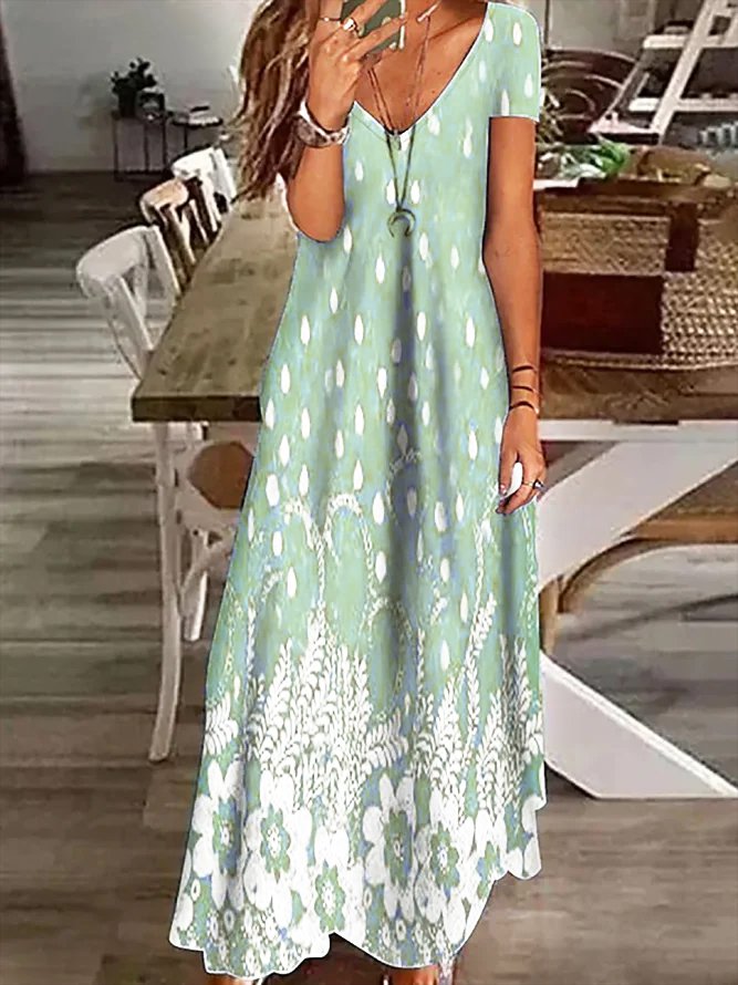 V Neck Floral Short Sleeve Casual Vacation Maxi Dress