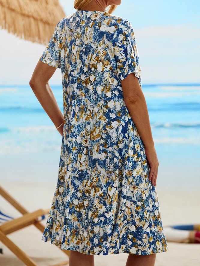 Round Neck Abstract Floral Casual Midi Dress