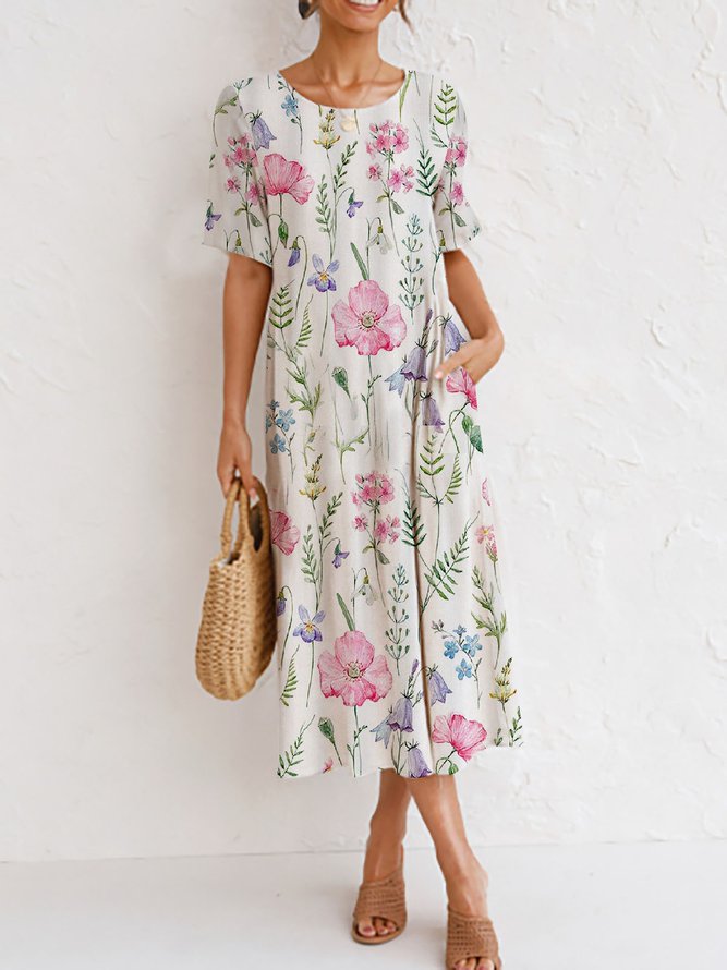 Round Neck Floral Elegant Casual Midi Dress