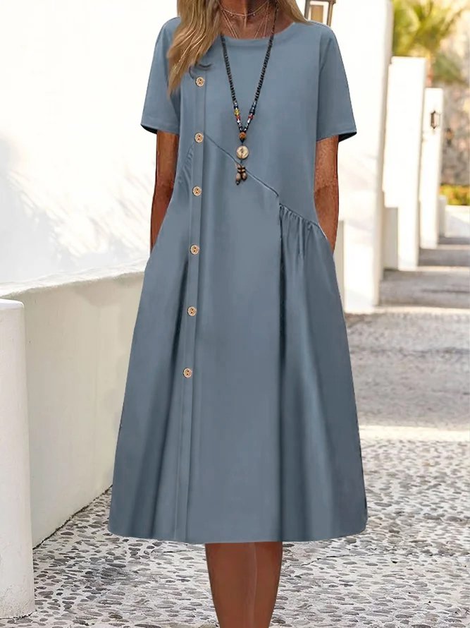 Round Neck Plain Short sleeve Buttoned Casual Midi Dress