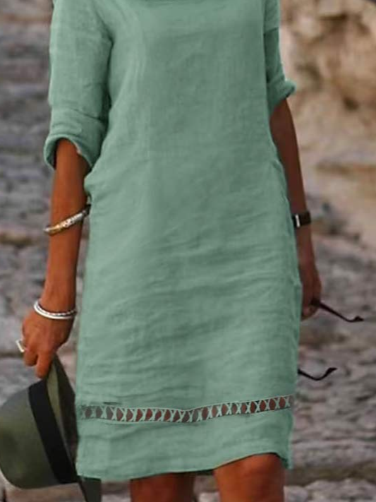 Plain Crew Neck Lace Vacation Linen Dress