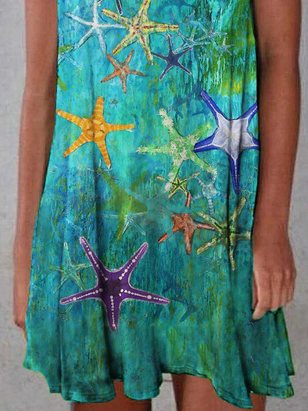 Crew Neck Designer oil painting starfish print dress