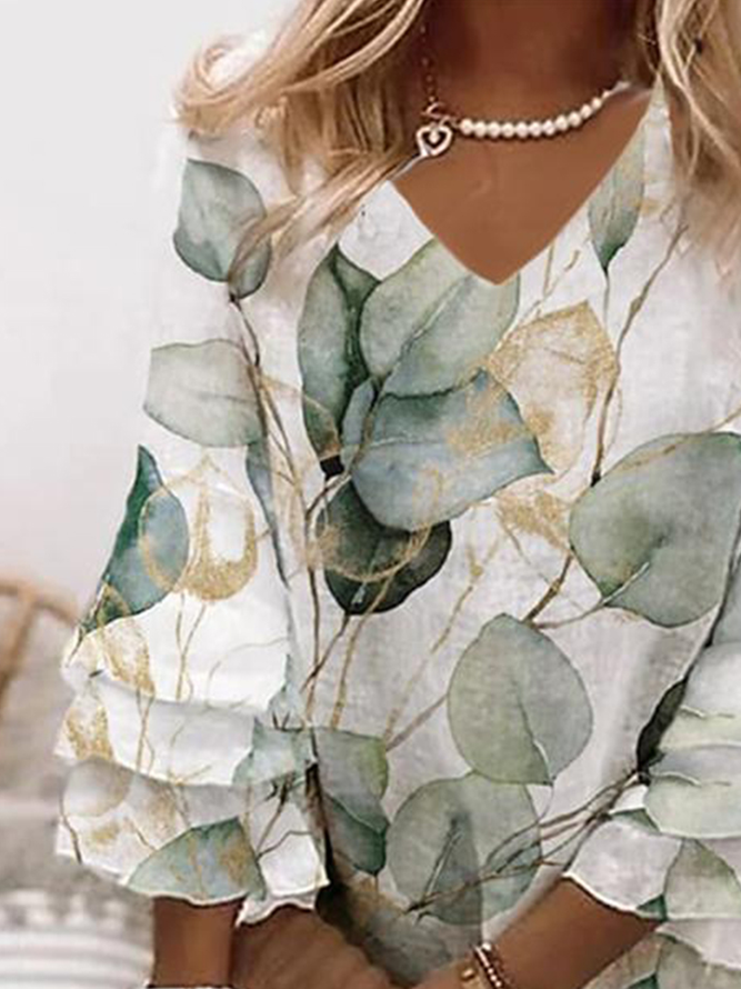 V Neck Ruffled Sleeves Casual Leaf Loose Dress