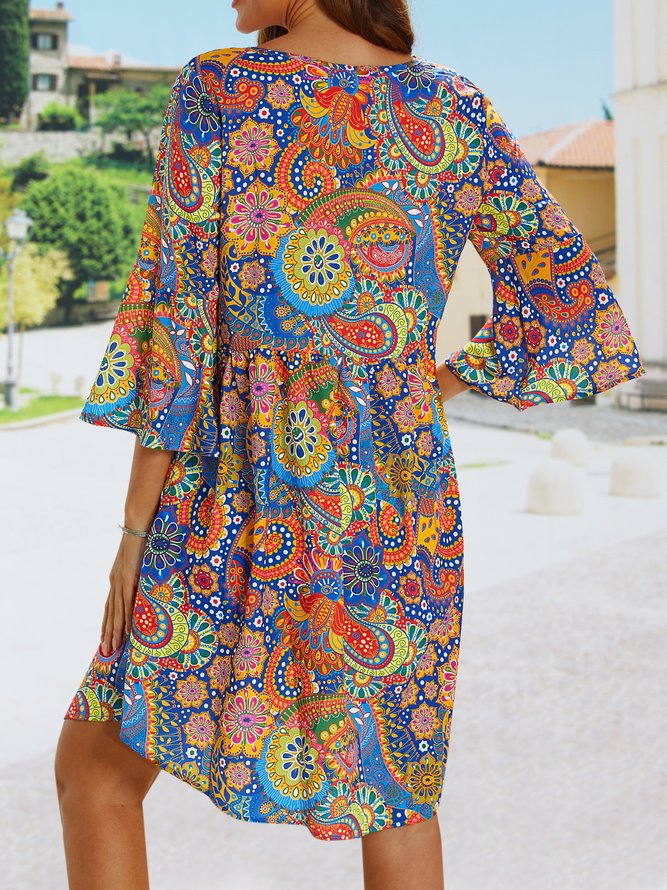 Floral Crew Neck Casual Short Sleeve Women Smock Dress