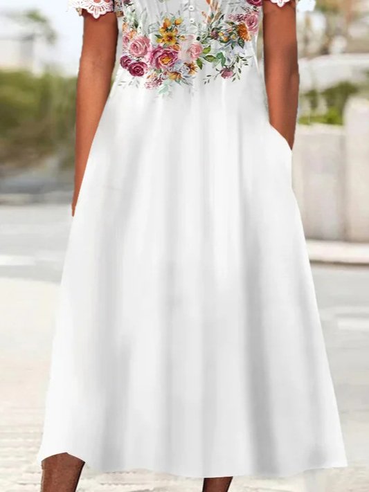 Floral Casual V Neck Lace Floral Summer Dress