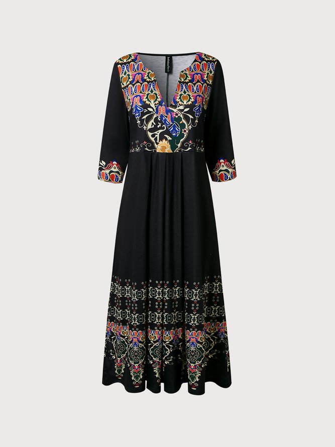 V Neck Geometric Autumn Daily A-Line Ethnic Tribal Boho Dress
