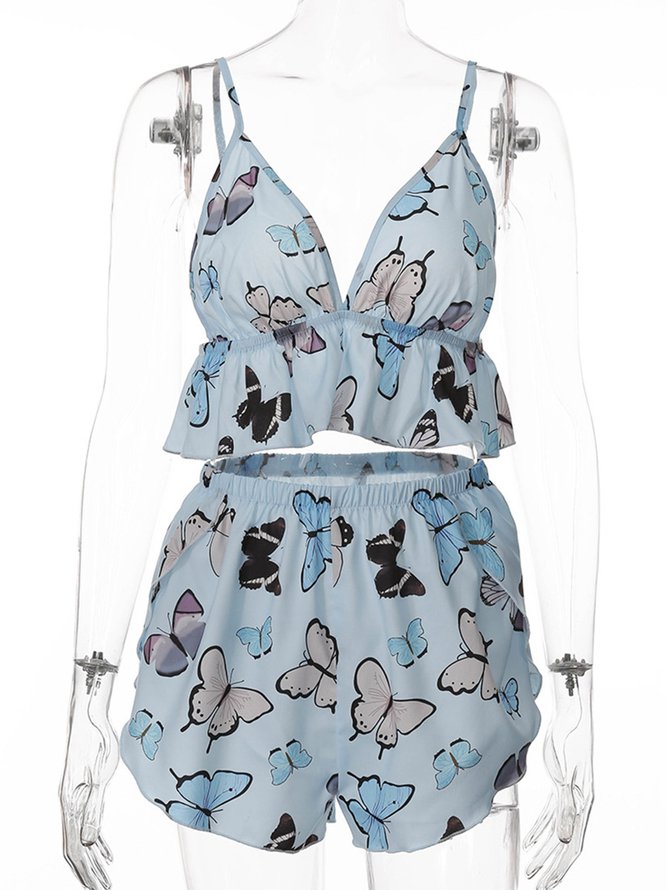 Sexy Deep V Butterfly Print Pajamas Camisole Shorts Casual Homewear Set