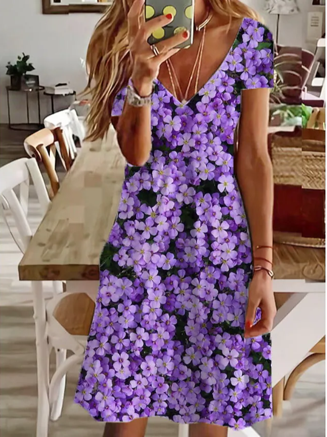 Ditsy Floral Jersey V Neck Casual Dress