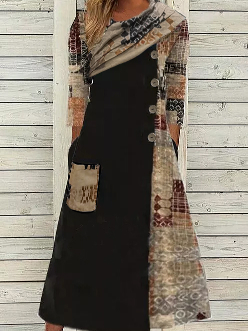 Cotton Blends Loosen Color Block Dress