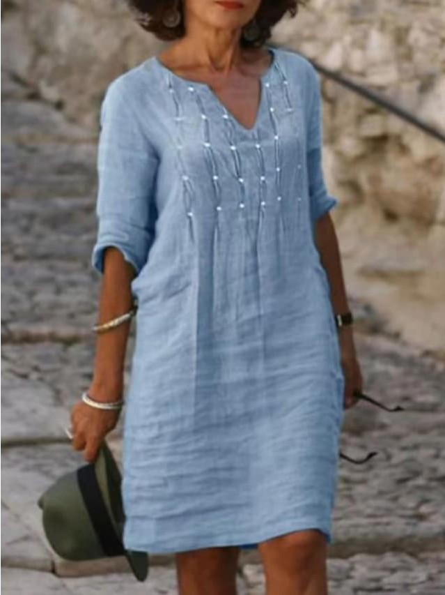 Loose Plain V Neck Casual Dress
