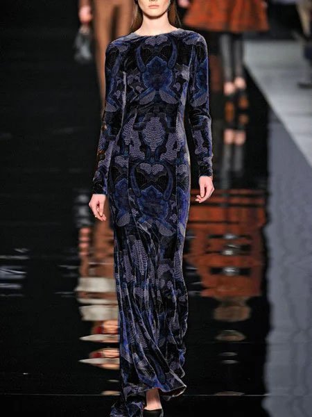 Velvet Printed Color-block Long Sleeve Knitting Dress