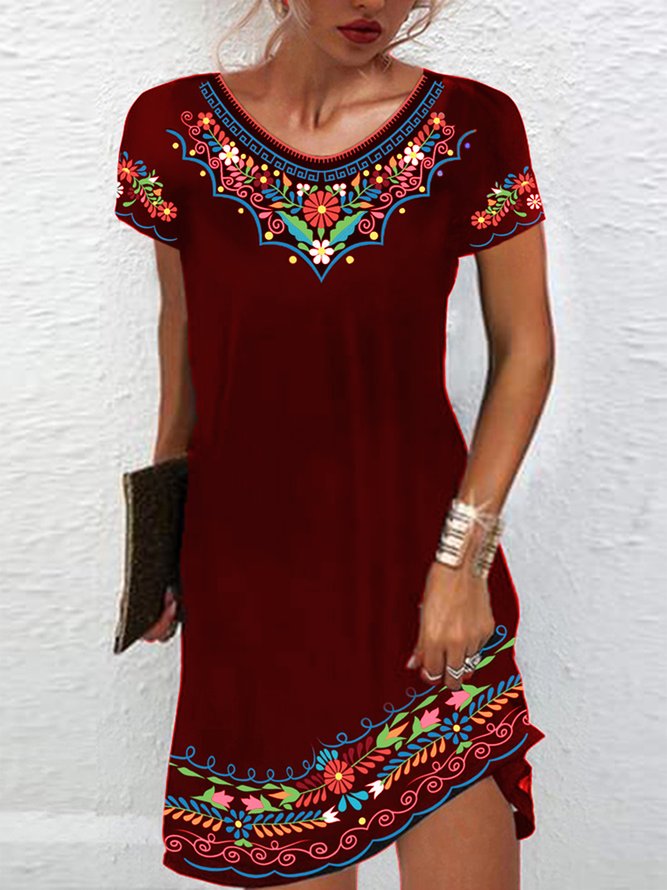 Women's Mexican Dress Midi Dress Black Half Sleeve Summer Crew Neck Tribal Casual