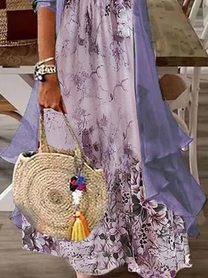 Elegant Floral Chiffon V Neck Two-Piece Set