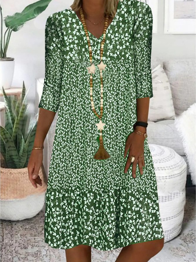 Brown Three Quarter V Neck Floral Shining Midi Smock Dress