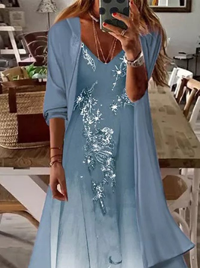 Women's Shift Dress Maxi Dress half Sleeve Floral Print Spring Summer 2PCS V Neck Casual Dress