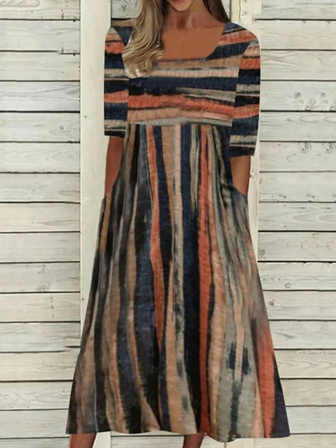 Women's A Line Midi Dress Half Sleeve Line Print Square Neck Elegant Modern