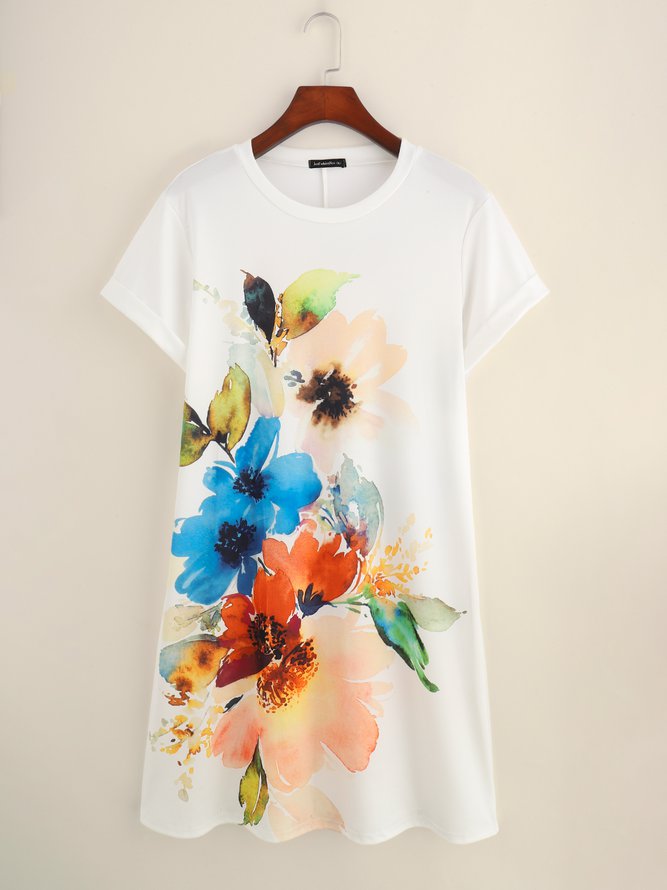 Crew Neck Floral Printed Casual Simple Midi Dresses