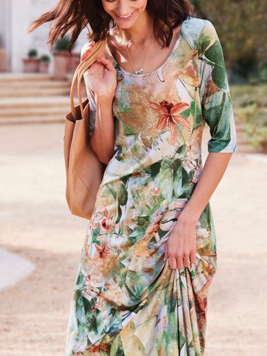 Floral Loose Crew Neck Vacation Dress