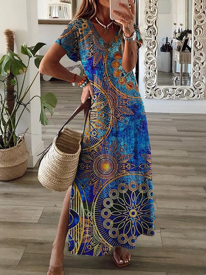 V Neck Tribal Vacation Maxi Dress