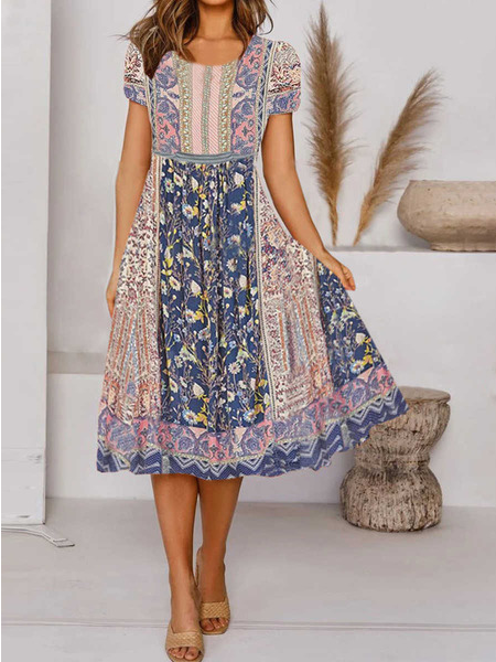 Round Neck Boho Vacation Midi Dresses
