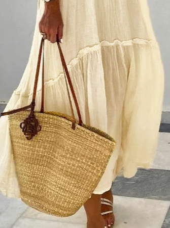 Cotton And Linen Linen Plain Stand Collar Dress