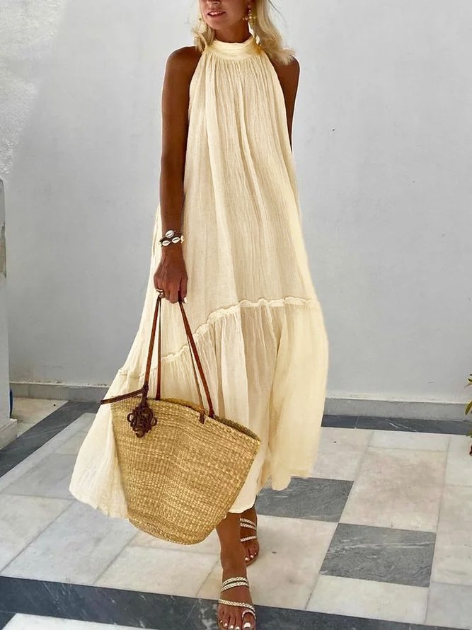 Cotton And Linen Linen Plain Stand Collar Dress