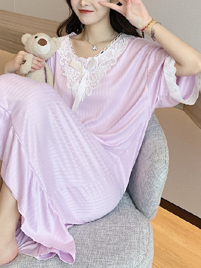 Regular Sleeve Casual Lace V Neck Loose Lounge Dress