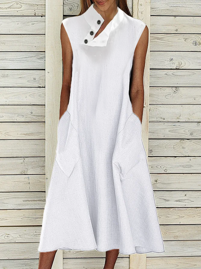 Linen Half Open Collar Buttoned Plain Dress