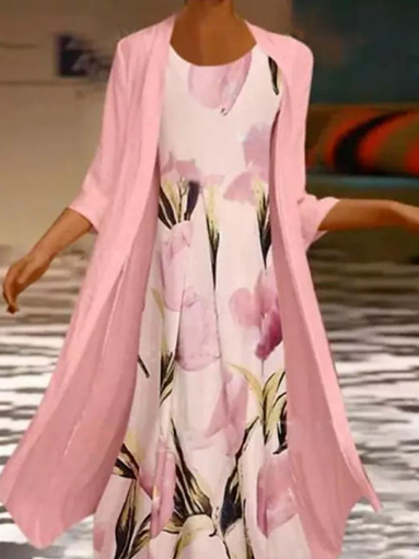 Crew Neck Floral Tulip Casual Two-piece Set Dress with Cardigan