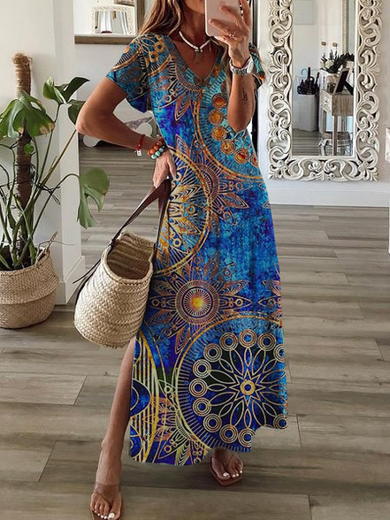 V Neck Tribal Vacation Maxi Dress
