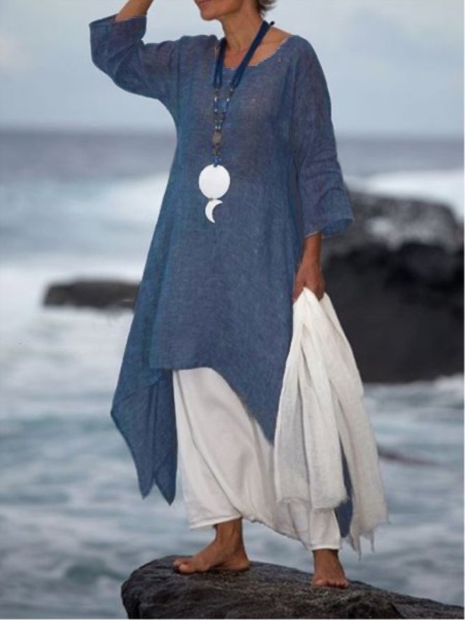 Women Summer Linen 3/4 Sleeve Daytime Crew Neck Asymmetric Dress