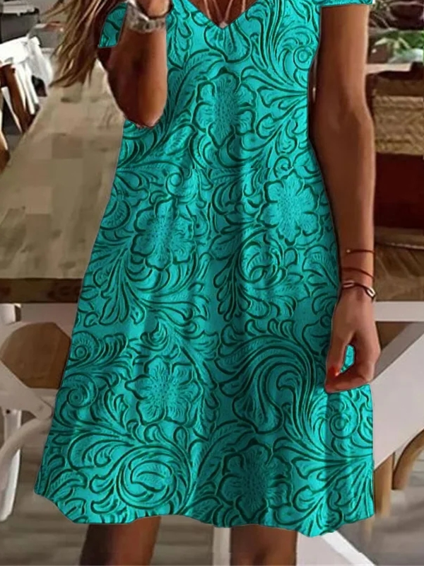 V Neck Casual Loose Floral Dress With No