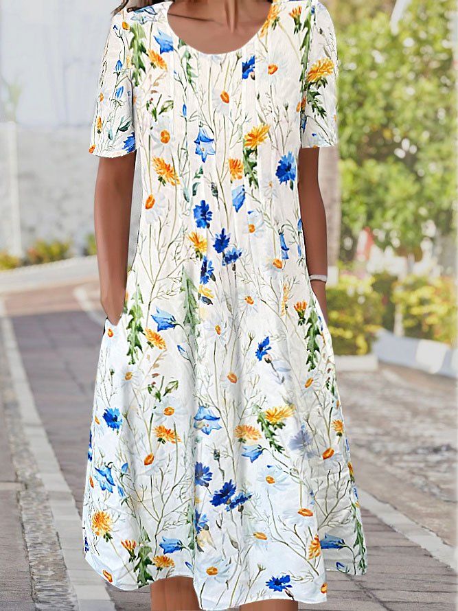 Round Neck floral Vacation Midi Dress
