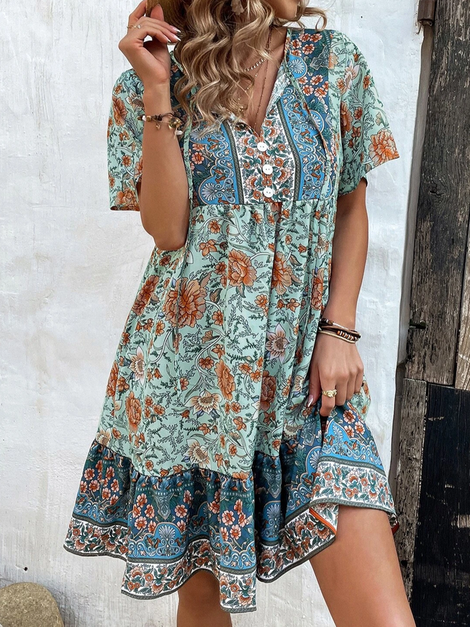 Floral Boho V Neck lightweight Smock Dress
