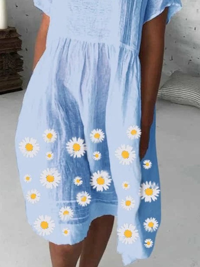 Blue Casual Holiday Floral Printed Shawl Collar Short Sleeve Weaving Dress