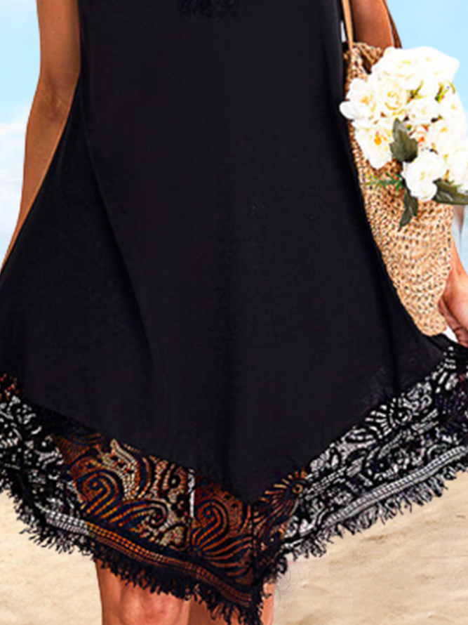 V Neck Solid Lace Sleeveless Beach Vacation Mini Dress