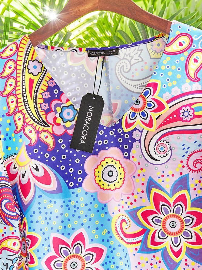 Tribal Boho V Neck Loosen Short Tunic Dress