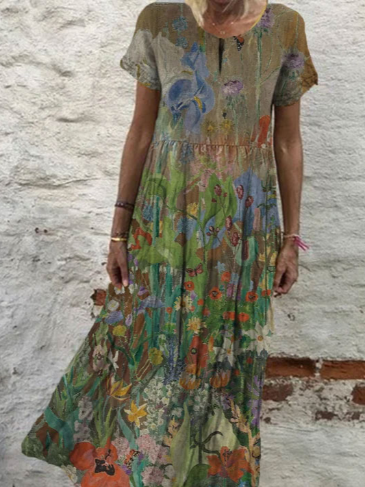 Round Neck Floral Vacation Midi Dress