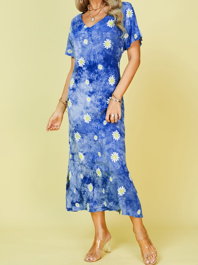 Blue Purple Ombre/tie-Dye Short Sleeve Shift Crew Neck Knitting Dress