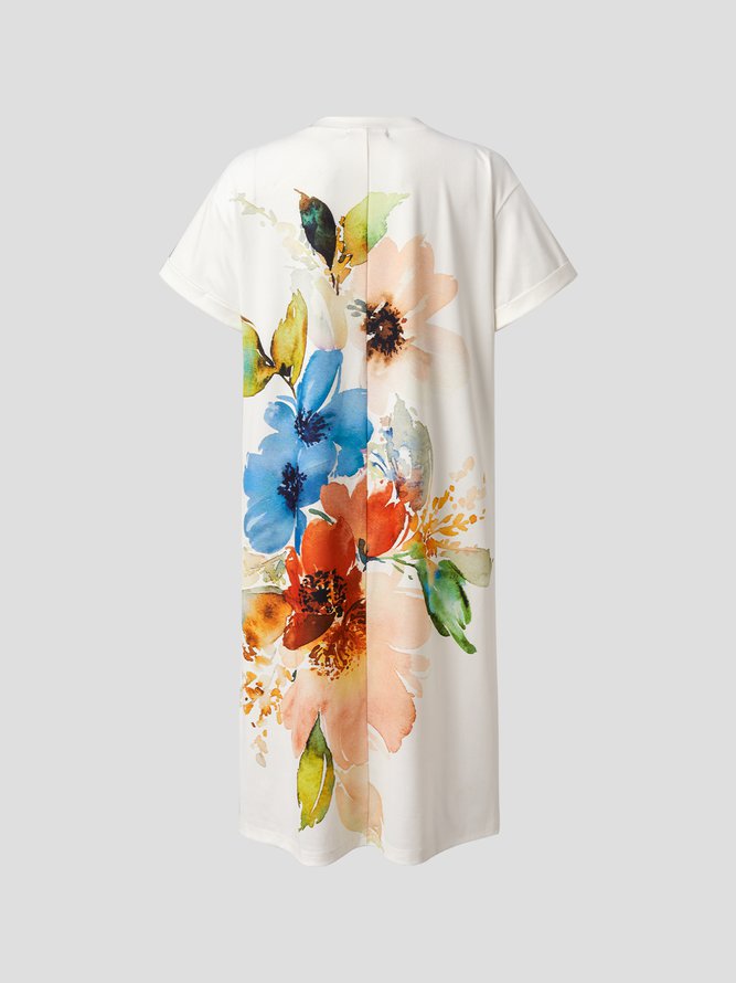 Crew Neck Floral Printed Casual Simple Midi Dresses
