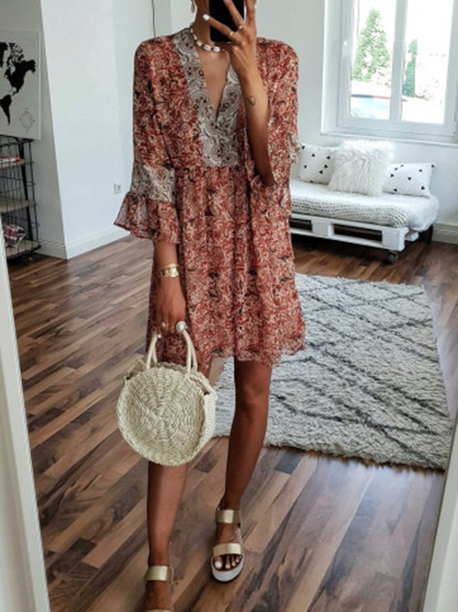 V Neck Women Dresses Date Cotton Smock Dress