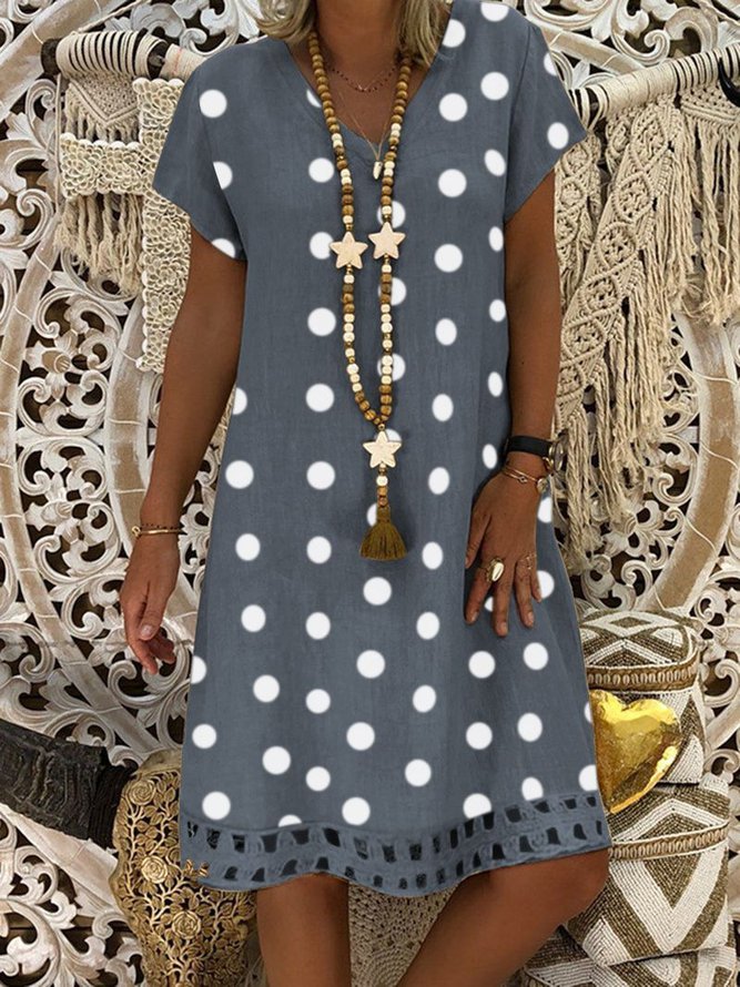 V Neck polka dots Casual Midi Linen Dress