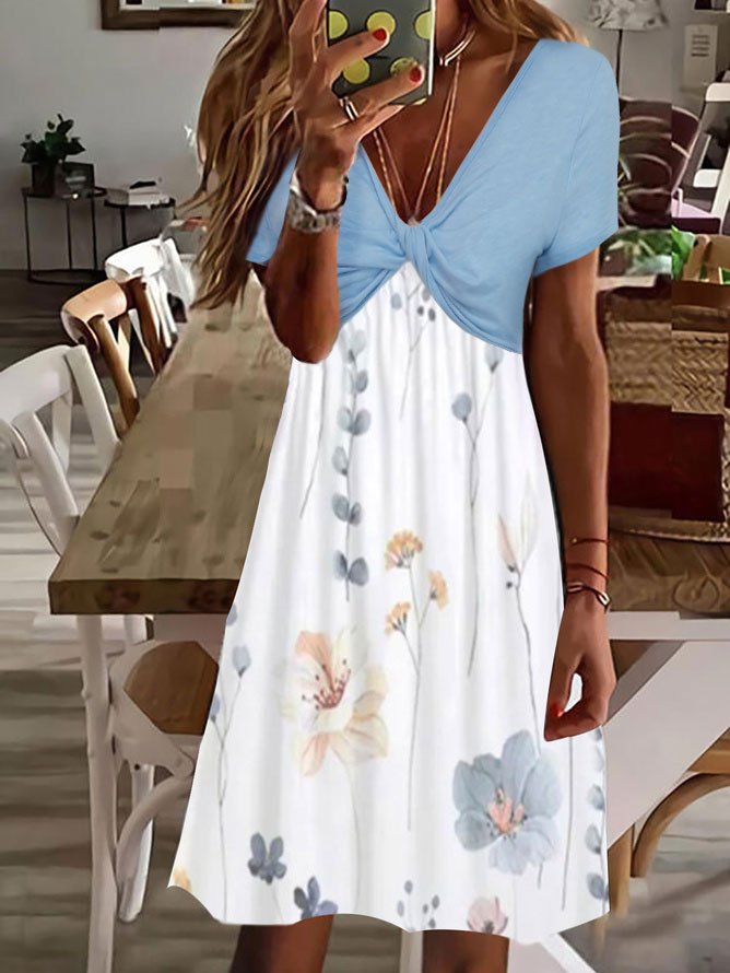 Floral V Neck Casual Split Joint Dress